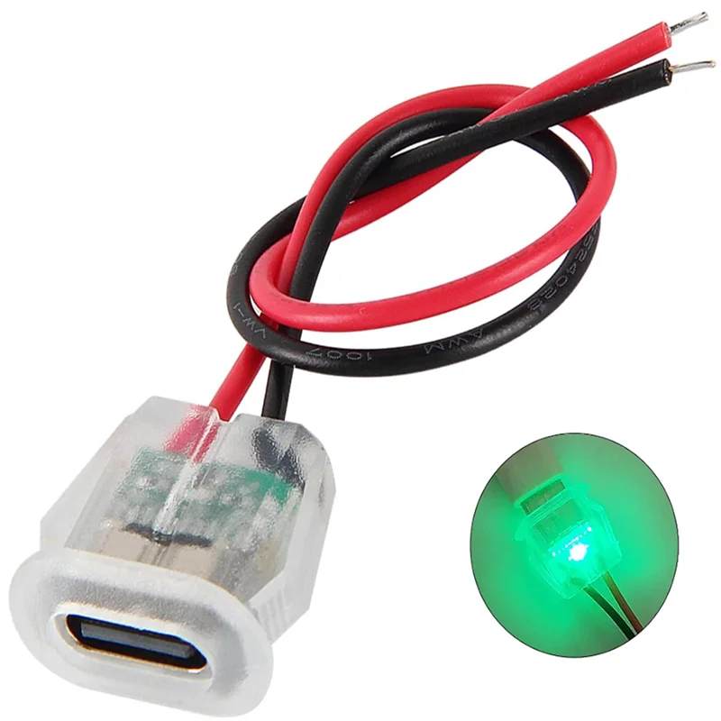 5/10pcs Type-C Female 2P Wire Type USB Connector Pigtail Cable Extension Power Cable Open End Connector Transparent with Light