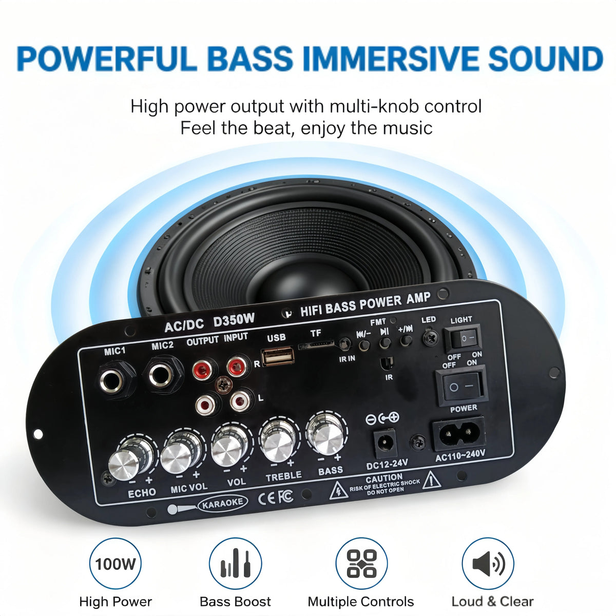 Woopker D350W HIFI Bass Power Amplifier 100W Bluetooth/USB/TF/FM Amplifier board Dual Mic AD/DC Digital Amplifier Board for home