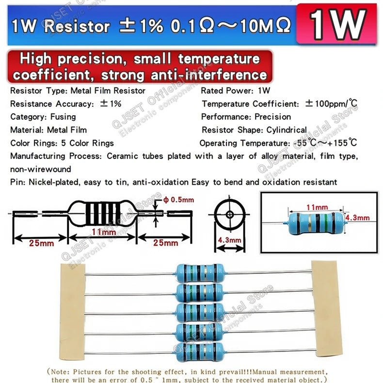 10pcs 3W Precision Metal Film Resistors 1% 3W 10 47 100 200 220 470 510 Ohm 1K 22K 4.7K 10K 47K 100k 200k 220k 510k 470k 1M Ohms