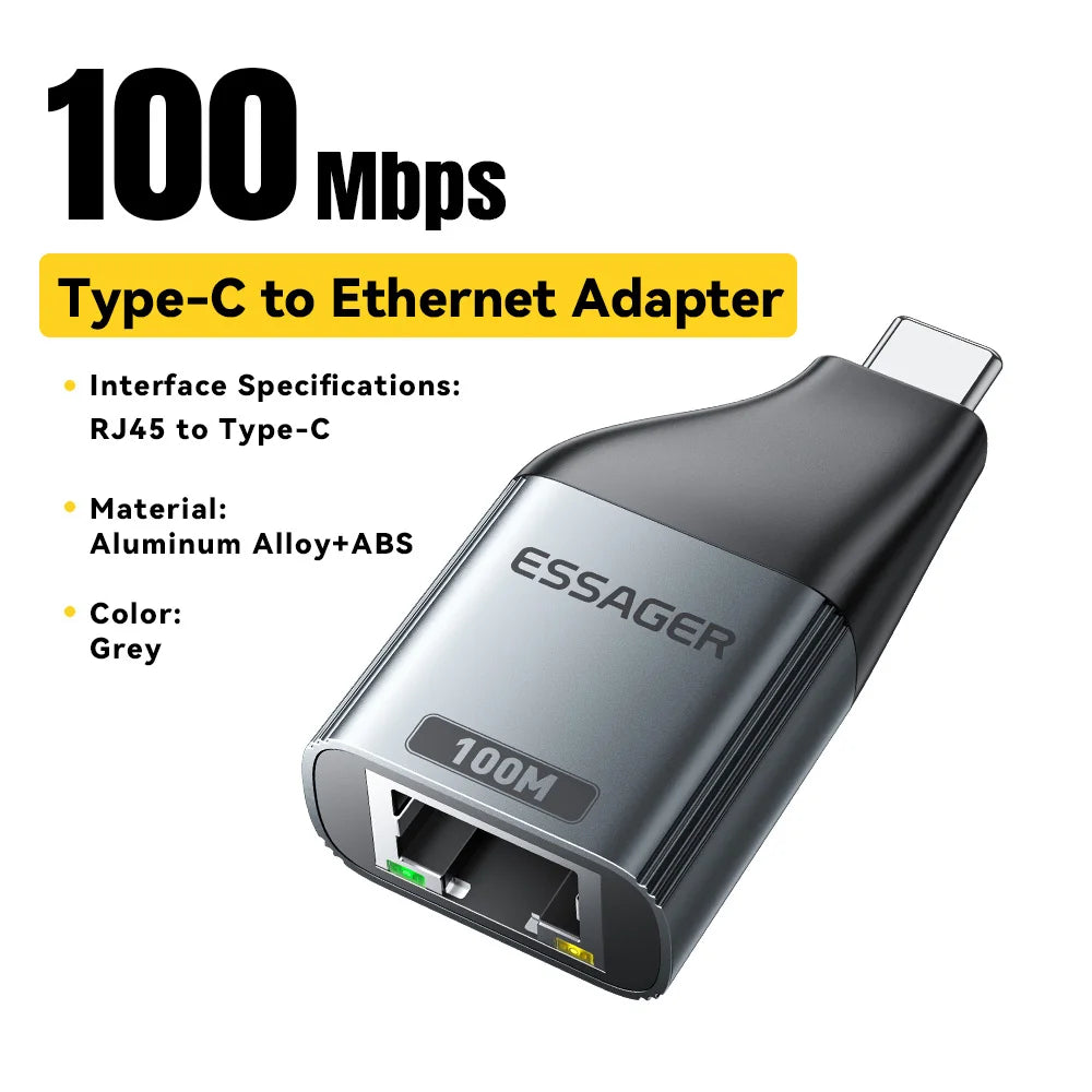 Essager Ethernet Adapter 1000/100Mbps RJ45 To Type C Connector Extender Extension for PC Tablet Laptop Projector Gigabit Adapter