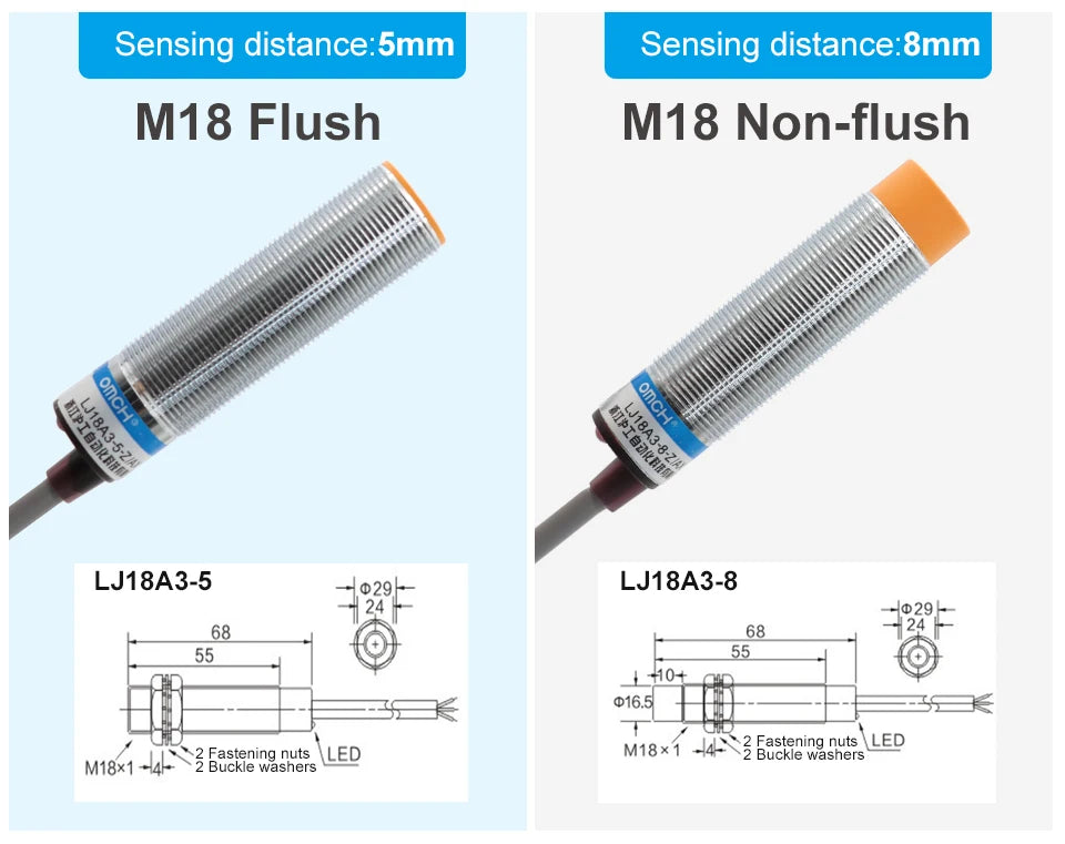 OMCH M8 M12 M18 M30 Inductive Proximity Switch Sensor Detection Distance 1/2 2/4 5/8 8/10mm NPN PNP NO NC DC 3-wire 6-36V
