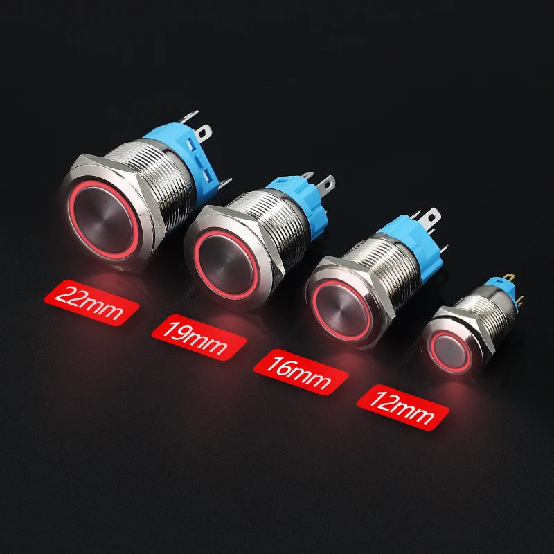 Metal Round Push Button Switch 12‑16‑19‑22mm, Momentary & Latching Power Control Button with LED Indicator for Electronic Projec