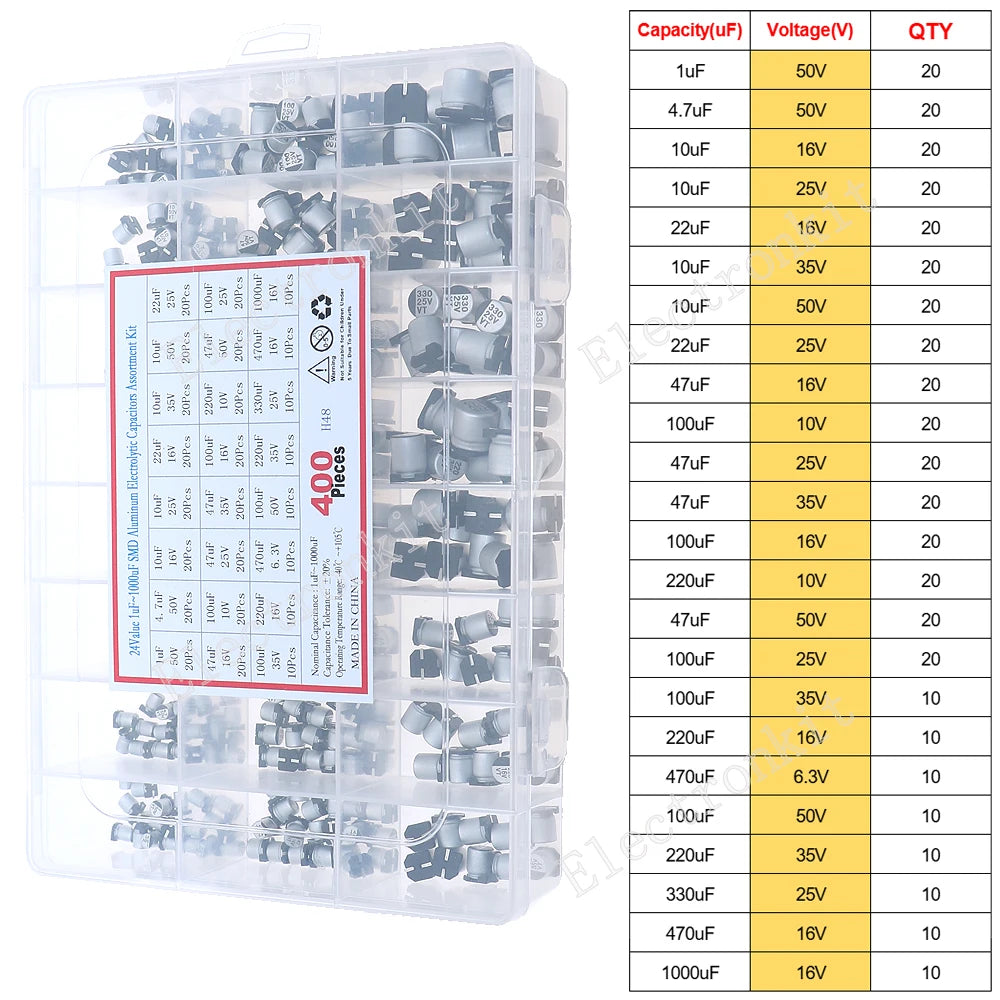 16V 25V 35V 50V 0.1uF to 2200uF DIP SMD Aluminum Electrolytic Capacitors Assortment Kit Set