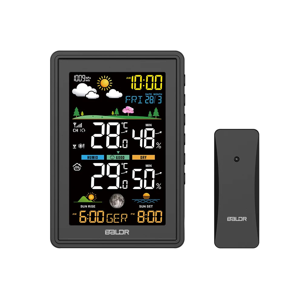 BALDR Wireless Color Weather Station DigitalThermometer Hygrometer Clock Calendar Barometer Sun Time Forecast Trend Sensor -40℃