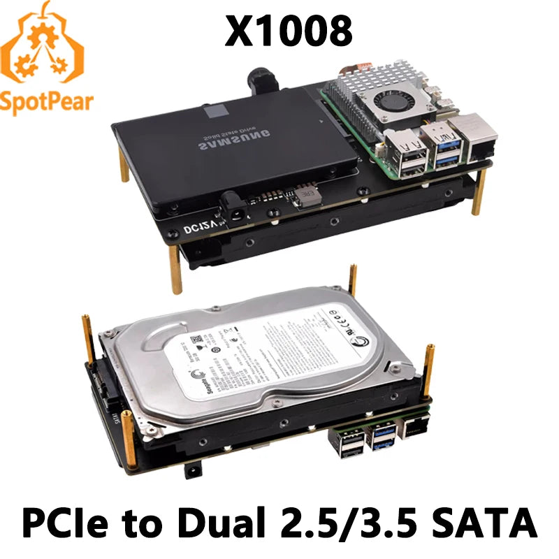 X1008 Raspberry Pi 5 PCIe to 2.5" 3.5" SATA HDD/SSD Dual Double-SATA (NOT BOOT From SATA/SSD