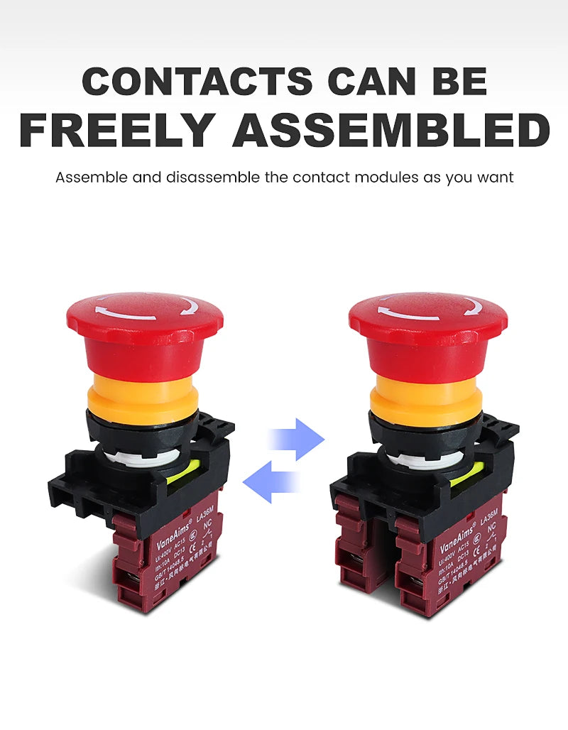 22mm LA36M Emergency Stop Switch Lockable Push Button 12v 24v 220v 10A 1NC 2NC Red Mushroom Head E-Stop Switches On Off VaneAims