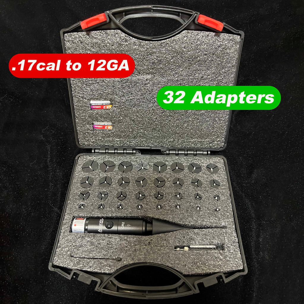 Powerful Green Bore Sighter Laser Bore Sight Kit with 32 Adapters fit 0.17 to 12GA Cal Multiple Caliber for All Gun Rifle Pistol