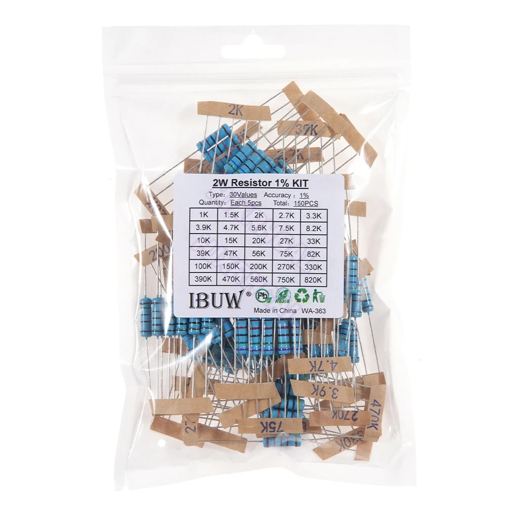 150PCS 300PCS 1/4W 1/2W 1W 2W 3W Resistance 1% Metal Film Resistor Assortment Kit Set 30Values Each 5/10PCS 1~750 1K~820K Ohm