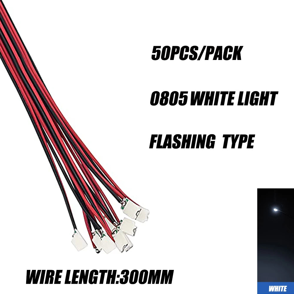 50pcs 0805 FLASHING LED SMD Lamp Wired Micro Litz Led Pre-Soldered Chip Wired 3V Railway Model Toy Light DIY Leads Wires 30cm