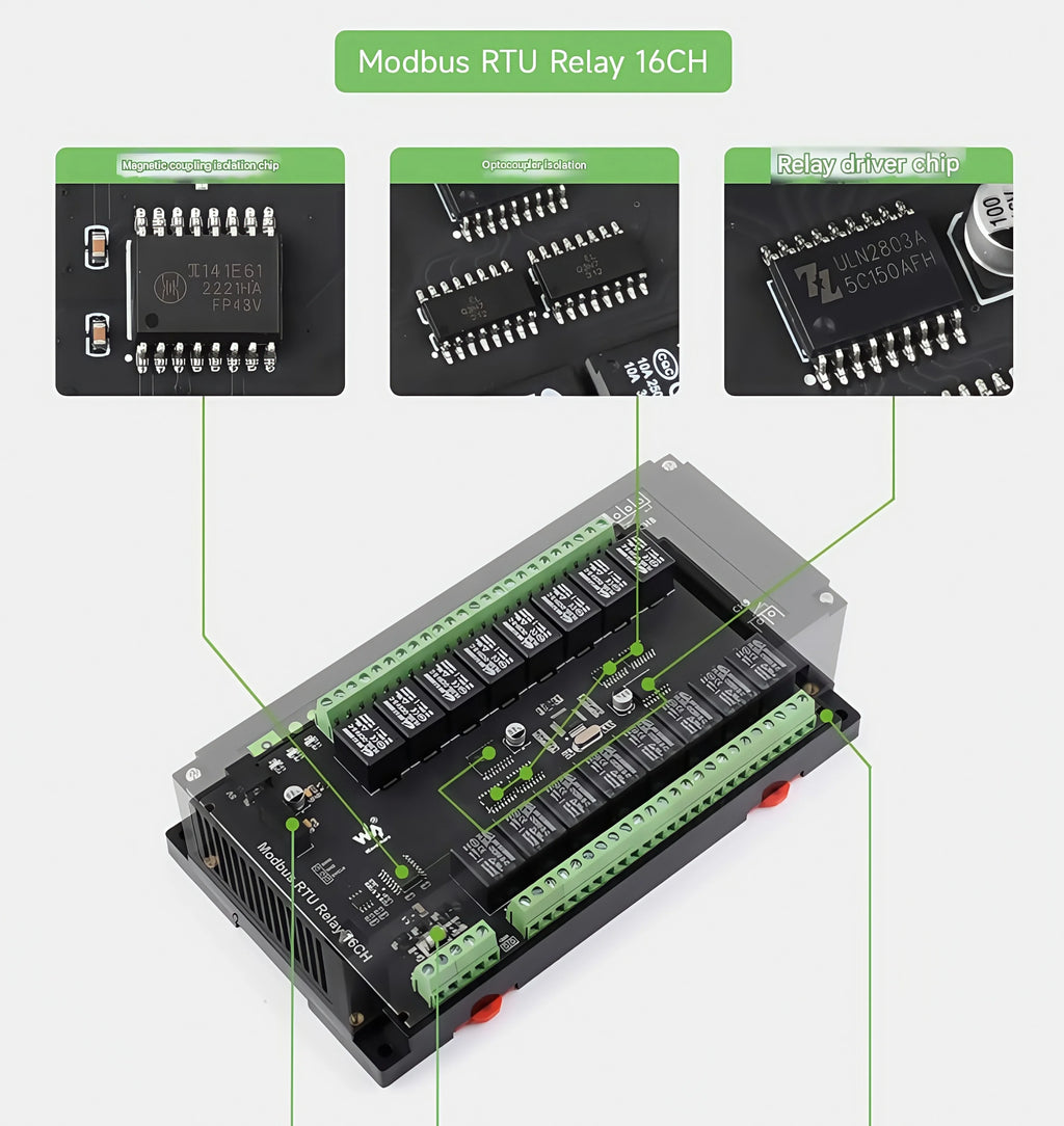 Waveshare Industrial Modbus RTU Relay Module with 8/16/32-channel RS485 interface and isolation