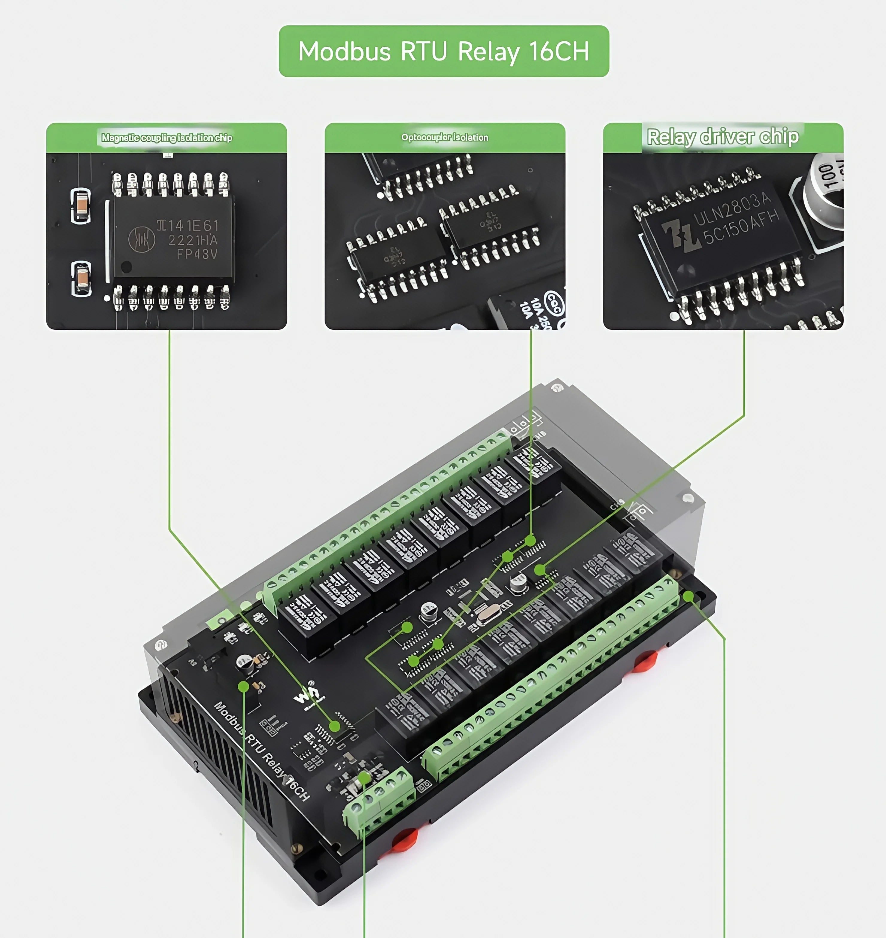 Waveshare Industrial Modbus RTU Relay Module with 8/16/32-channel RS485 interface and isolation