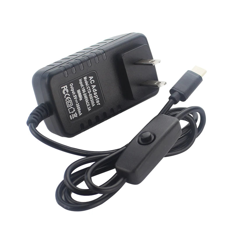 5V 3A Power Supply with ON/OFF Switch EU US UK Plug Charger USB Type-C Power Adapter for Raspberry Pi 4 Orange Pi Zero 3 / 3B