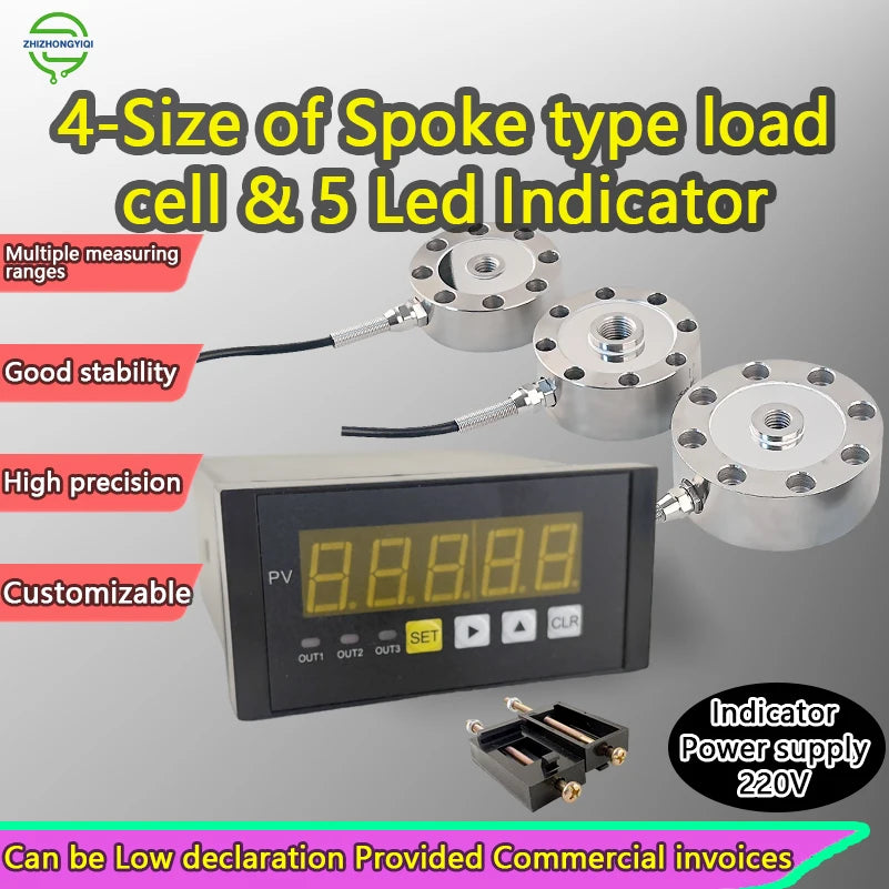 Compression/Tension Spoke Load Cell 30kg-5t Options, 5-Digit Display Controller, Relay Outputs OUT1/OUT2 8 Mounting Holes