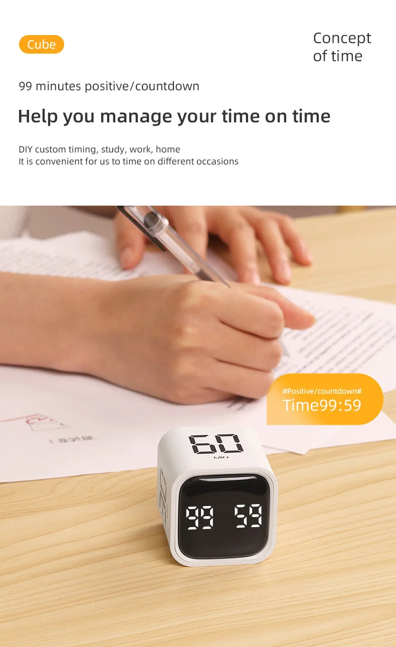 Adjustable Cube Timer - 5/10/30/60 Minute Countdowns, Settings - Pause, Resume, Silent, Vibrate & Sound Alarm for Work, Study