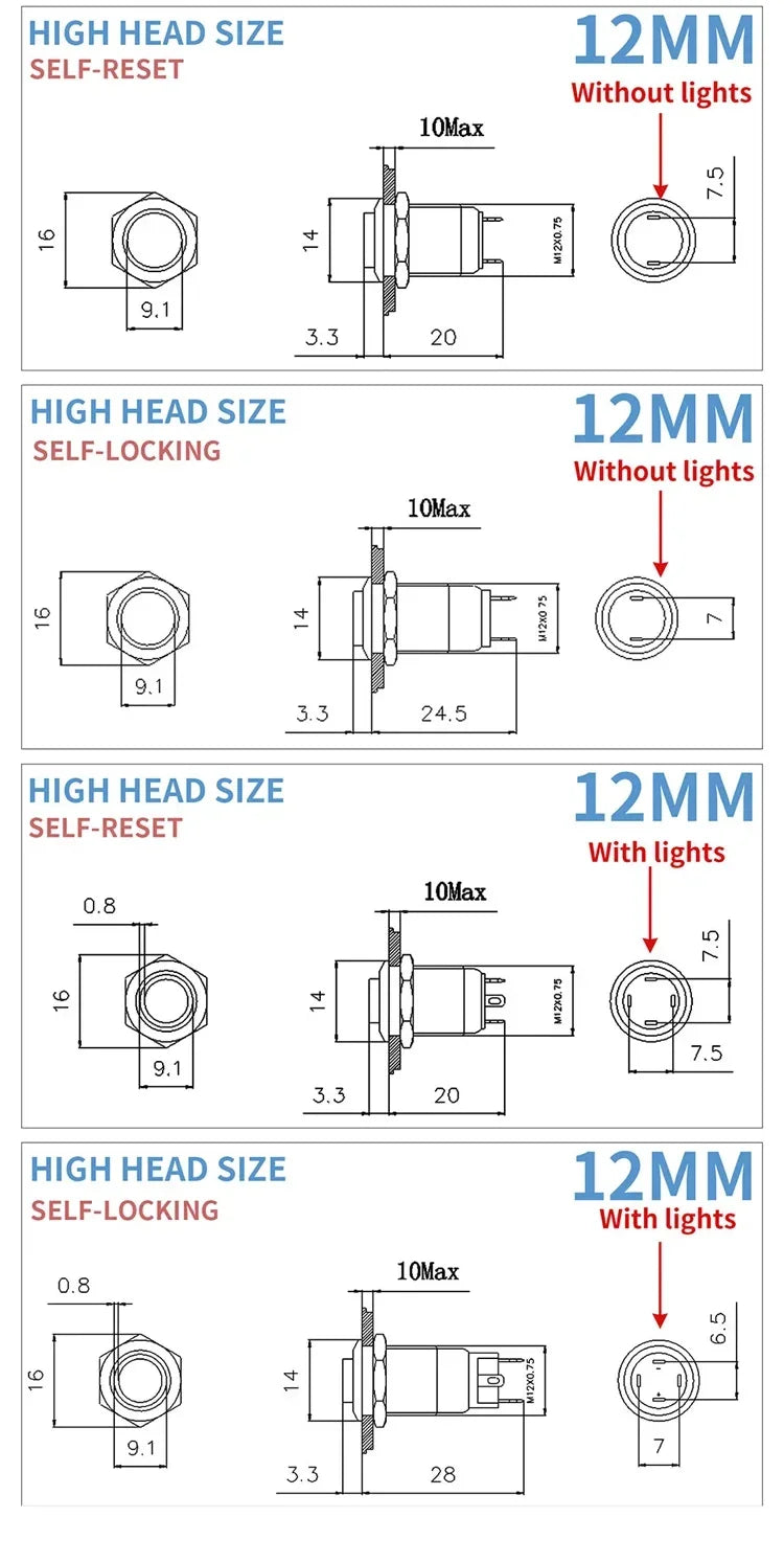12/16/19/22mm Waterproof Metal Button High Flat head Switch LED Light Momentary Latching 12V 24V 220V Various Colors To Choose