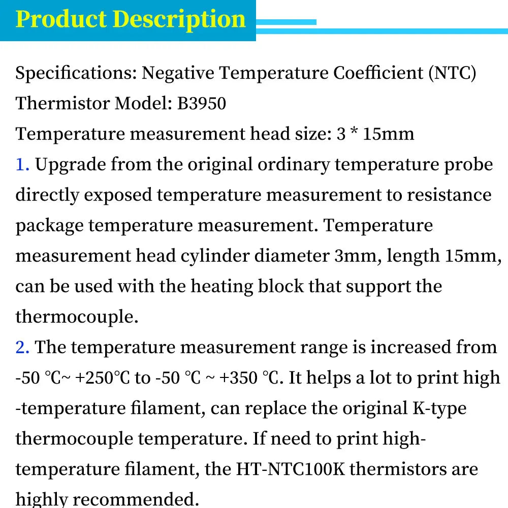 1M/2M HT-NTC100K Thermistor Temperature Sensor For High Temperature Filament 350 Degrees Hotend Kit B3950 For 3D Printer Parts