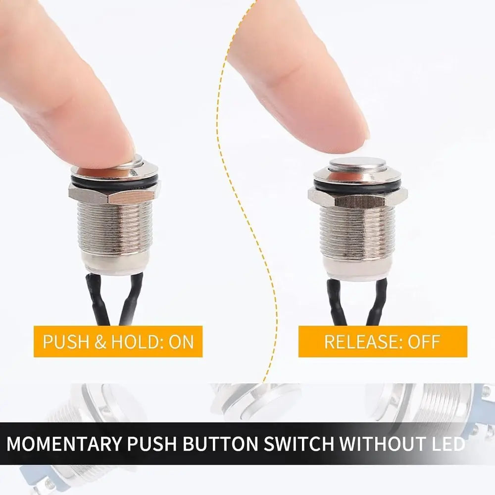 5pcs 12mm Momentary Push Button Switch Silver Shell with pre-Wiring, IP65 Waterproof Push Button Switch,Stainless Steel Normally