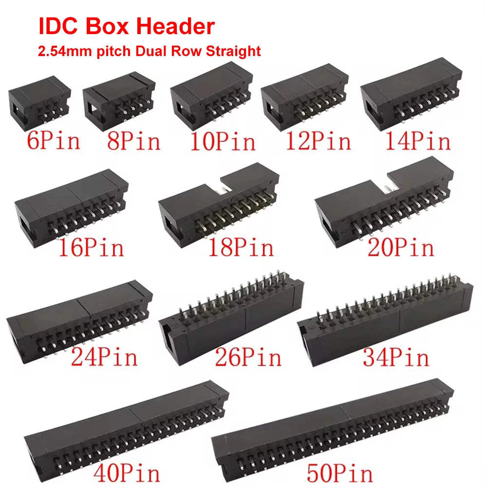 10Pcs IDC Box Header 6/8/10/12/14/16/18/20/24/26/30/34/40/50Pin Connector IDC Sockets 2.54mm Pitch Dual Row Straight DC3 Sockets