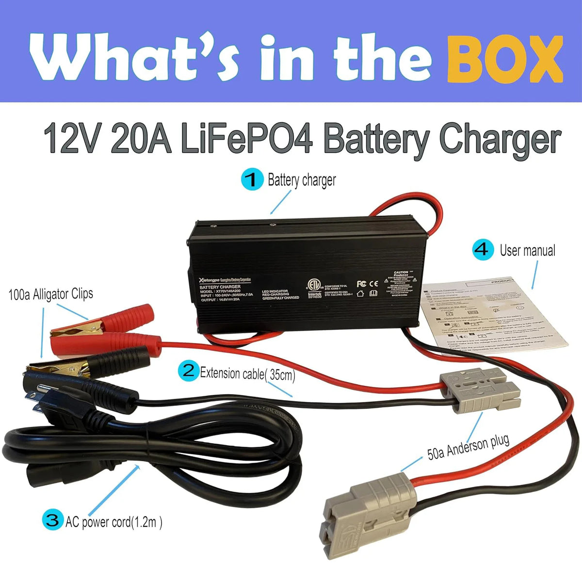 Xietongpo 12V 20A LiFePO4 Battery Charger 14.6V LiFePO4 Charger and Maintainer for 4S 12V (12.8V) Deep Cycle Lipo Lithium Iron Phosphate Rechargeable Batteries of RV Car Boat