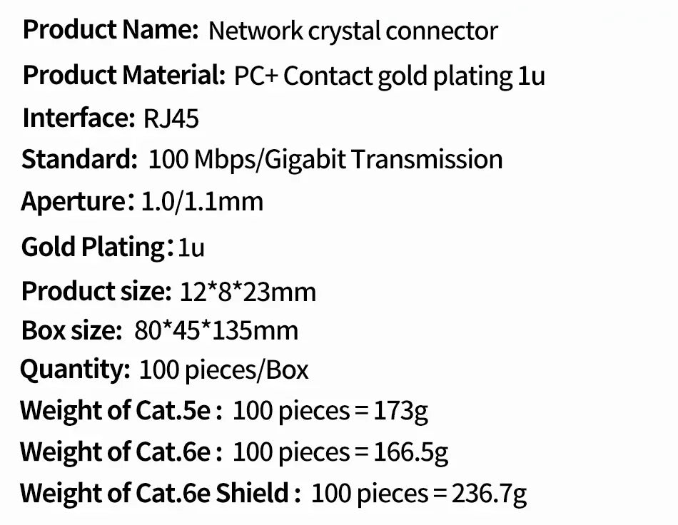 100Pcs Ethernet Cable Cat5e RJ45 Plug Connector - Gold Plated, Cat5 Network Crystal Head for Stable Gigabit Ethernet.