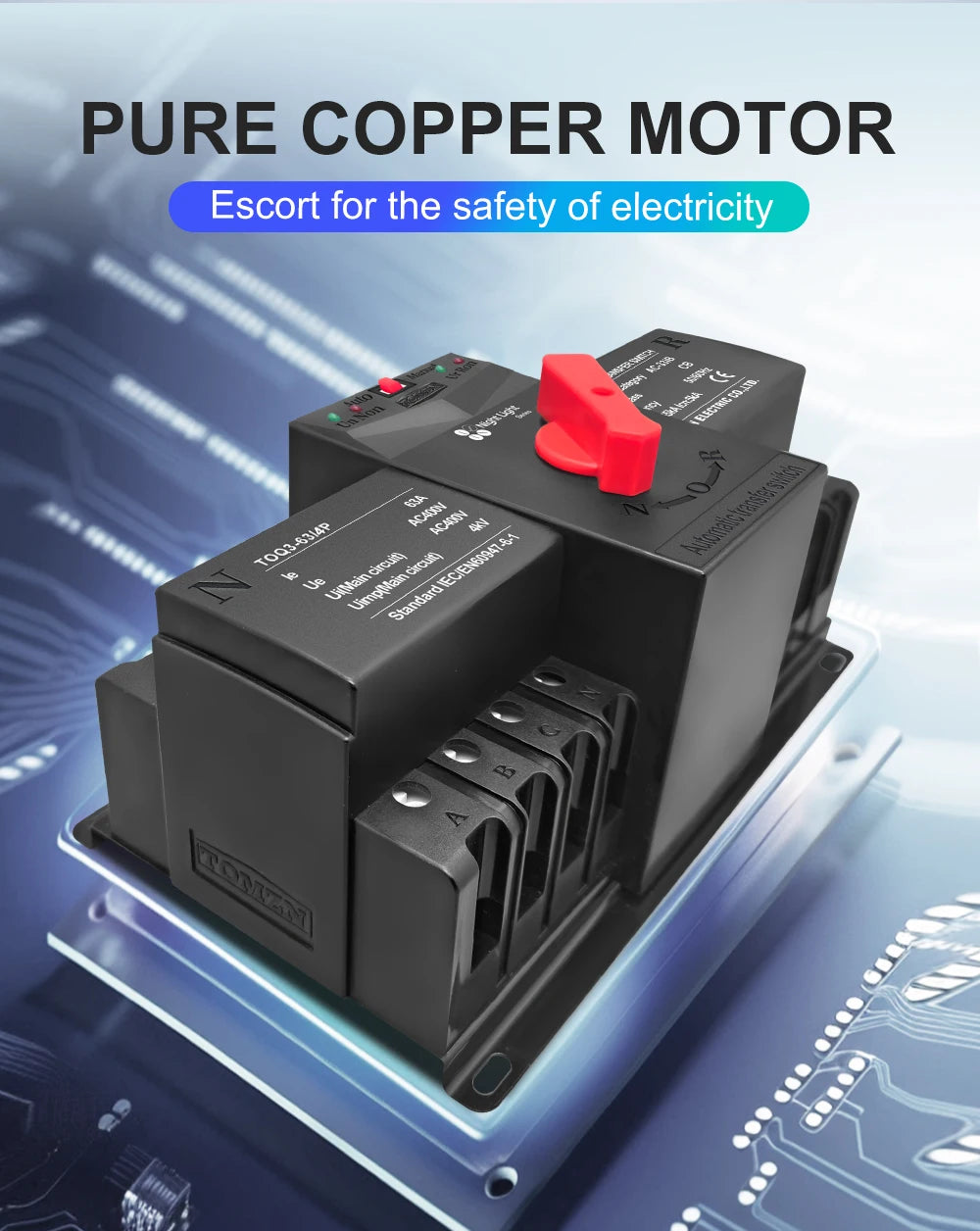 TOMZN TOQ3 Built-in Circuit Breaker 2P/4P 63A-125A with Night Light, 2-In 2/1-Out, Short-Circuit & Overload Protection