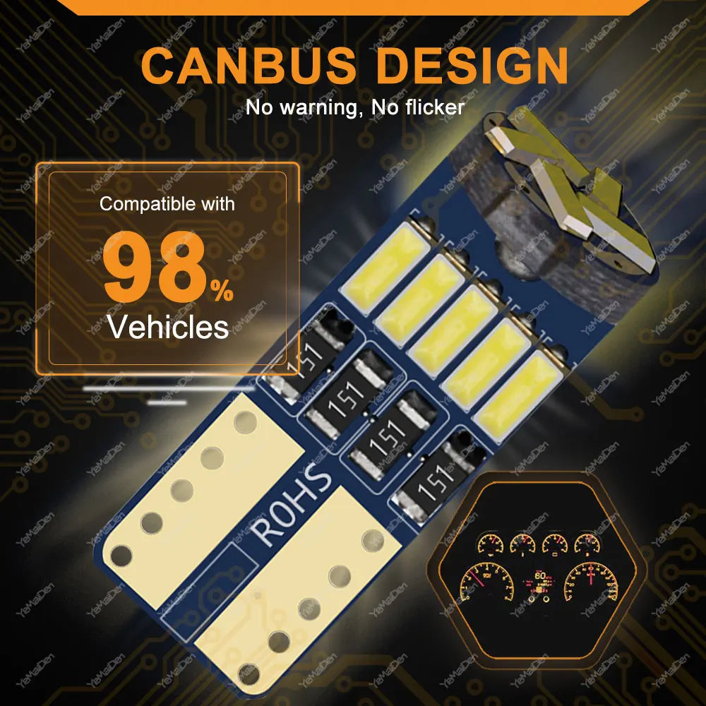 2/4/10/50 PCS T10 W5W LED Bulb CANBUS 12V 4014-15SMD 6500K White Car Interior Dome Door Courtesy  Glove Box License Plate Lights