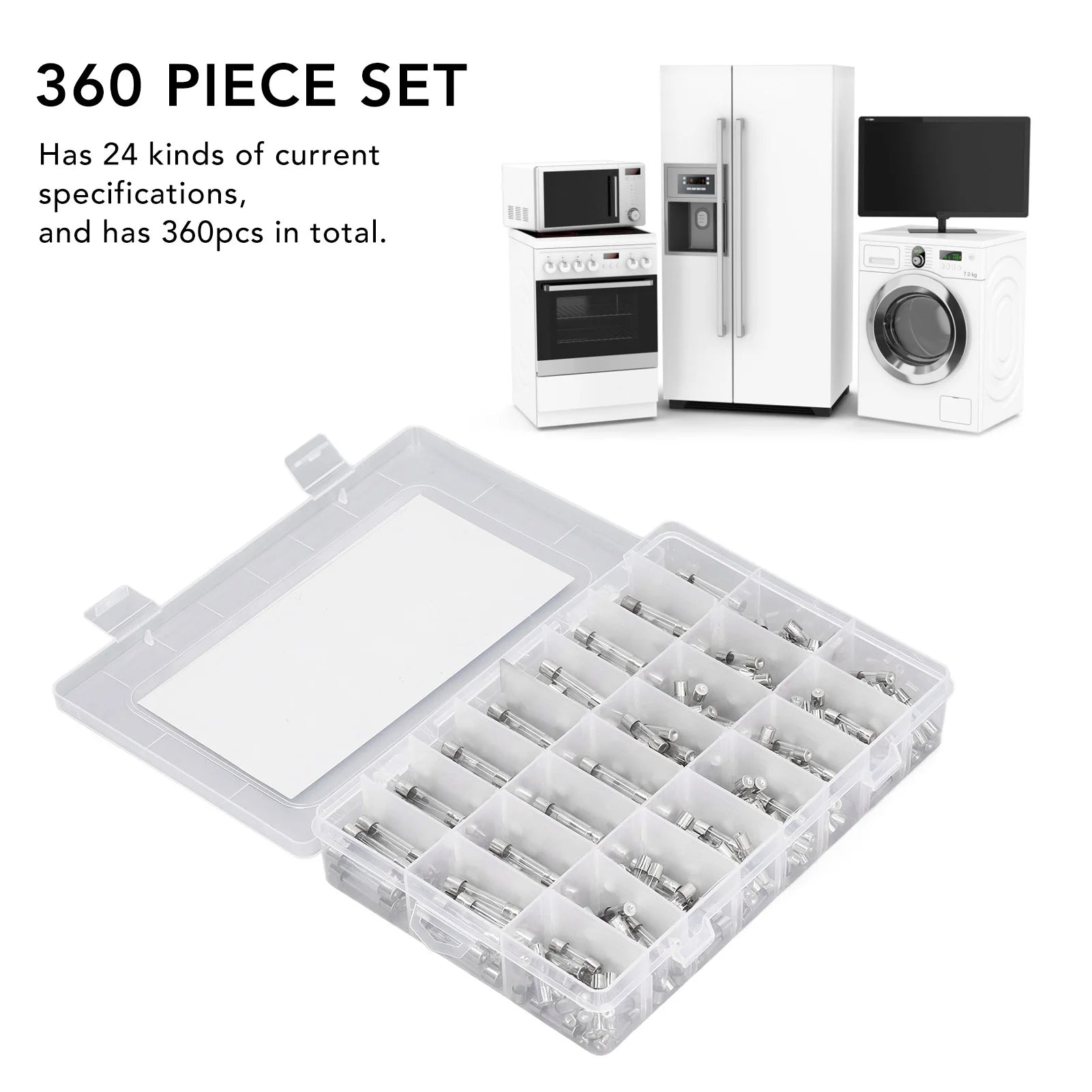360Pcs/box Glass Fuse Tube 0.25A‑20A 24 Types 6x30mm 5x20mm Assortment Set Kit for Circuit Protection