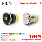 12V 19mm Warning LED Indicator Light Panel Metal Push Button Switch Lock and Momentary on Off with Dash LOGO Symbol