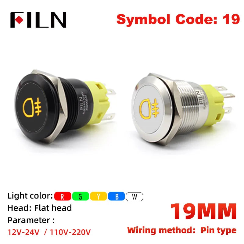 12V 19mm Warning LED Indicator Light Panel Metal Push Button Switch Lock and Momentary on Off with Dash LOGO Symbol