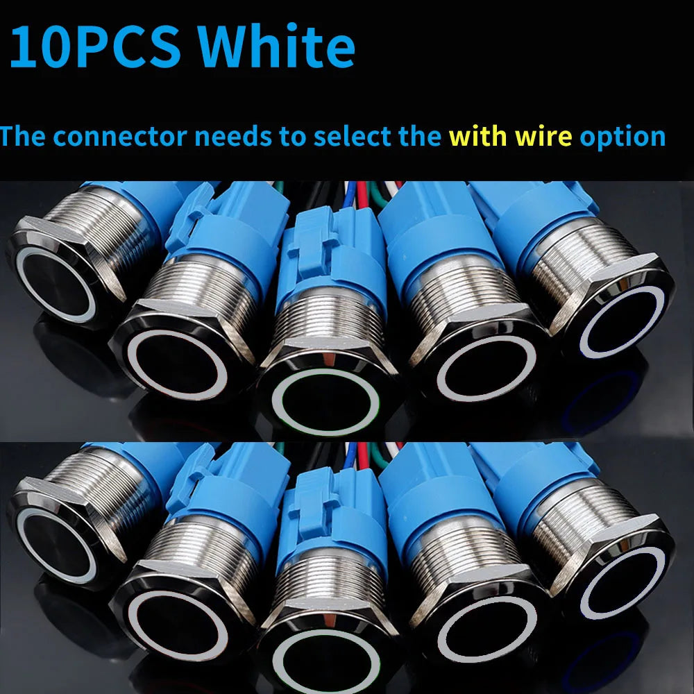 10PCS 16mm 19mm Metal Power Switch Button Flat Round LED Lamp Light Waterproof Latching /Self-reset Button Car Start Switch 12V