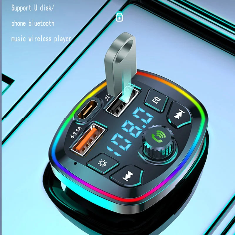 General Car Charger Bluetooth 5.0 FM Transmitter Handsfree PD Type-C Dual USB Ambient Player MP3 Charger Type-C Wireless Light