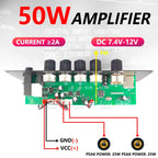 50W Metal Shell Bluetooth Amplifier Board with Display | 7.4V-12V Input | Power Adapter Cable Included