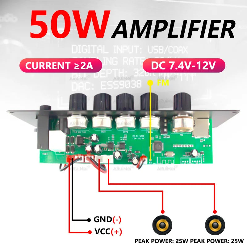 50W Metal Shell Bluetooth Amplifier Board with Display | 7.4V-12V Input | Power Adapter Cable Included