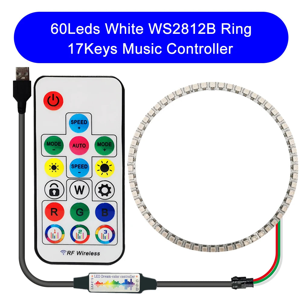 DC5V WS2812B DIY LED Ring 8 to 241 Pixels 5050 RGB Individually Addressable WS2812 Round Modules With 17Keys Music RF Controller
