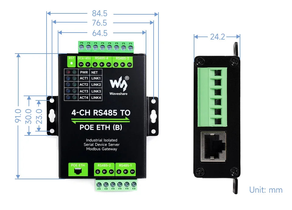 Industrial Isolated 4CH RS485 TO POE ETH (B) RJ45 Converter UART For Modbus