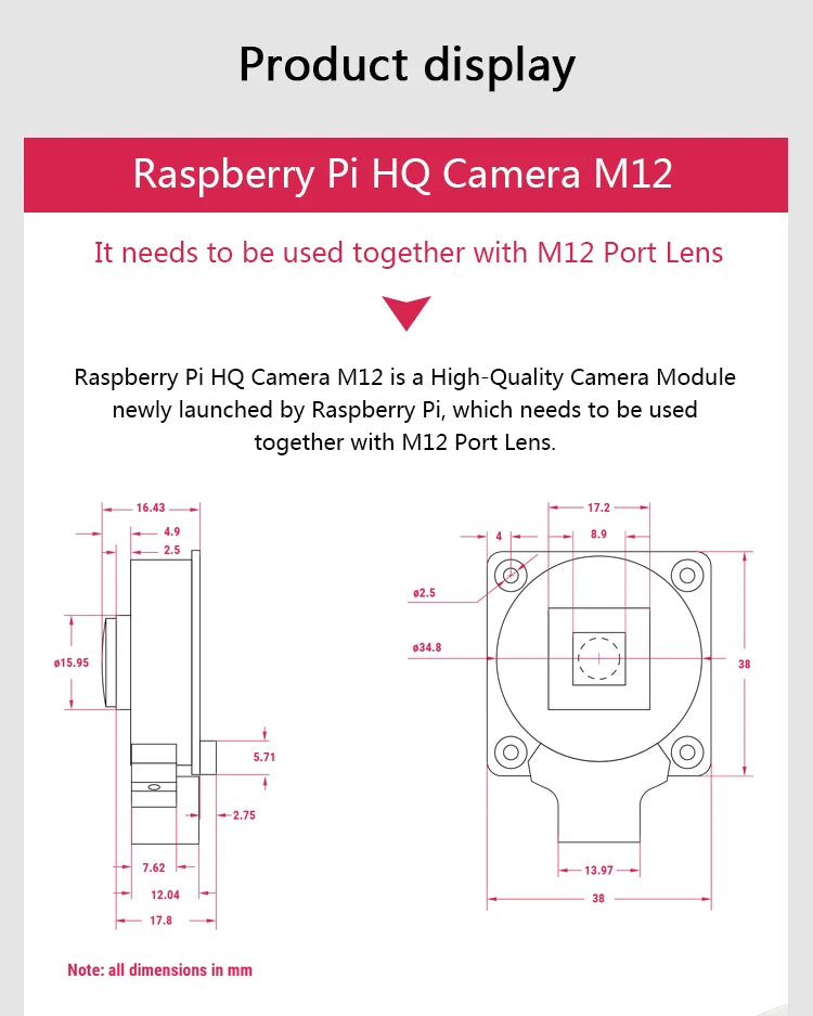 New Original Raspberry Pi High Quality HQ M12 Camera Module 12.3MP IMX477 Sensor, Support for M12-Mount Lens