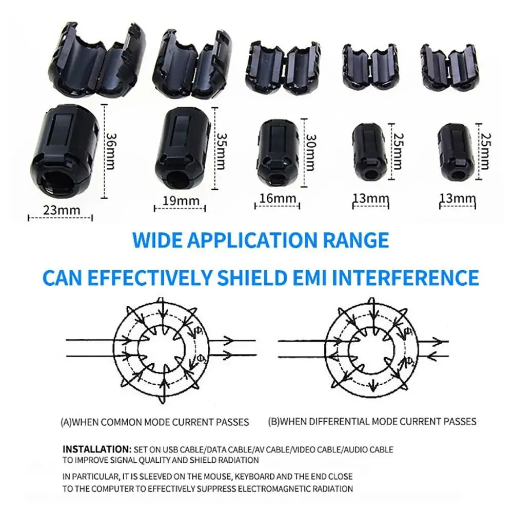 1Pcs EMI RFI Choke Clip Degaussing Filter Ferrite Core Snap-on Anti-interference Magnetic Ring 3.5/5/7/9/13/15mm Removable