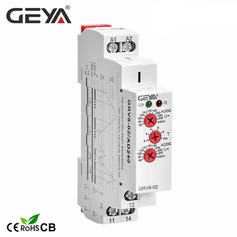 GEYA GRV8-02 Voltage Monitor Device Over-voltage and Under-voltage Protection Relay DC 12V 24V 48V 110V 220V 240V