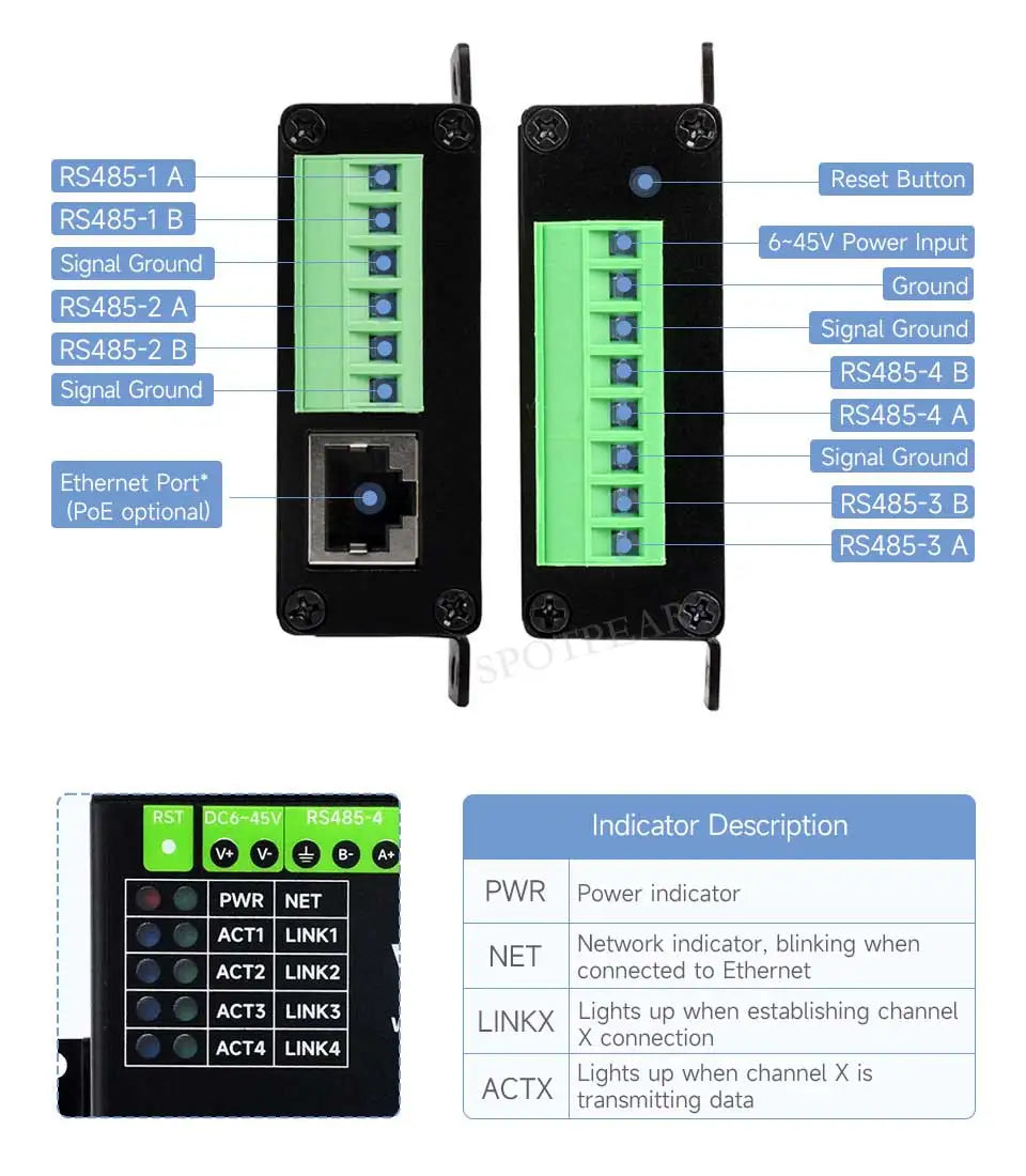Industrial Isolated 4CH RS485 TO POE ETH (B) RJ45 Converter UART For Modbus 4-Ch RS485 to RJ45 Ethernet Serial Server