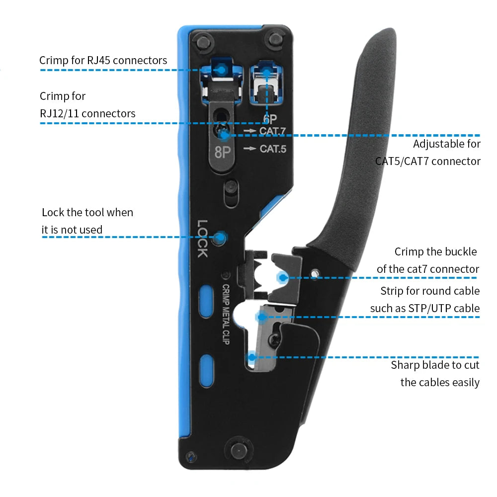 RJ45 Crimp Plier Pass Through Crimper Stripper Cutter for Cat7 Cat6 Cat5e 8P8C Modular Connector Ethernet All-in-one Wire Tool