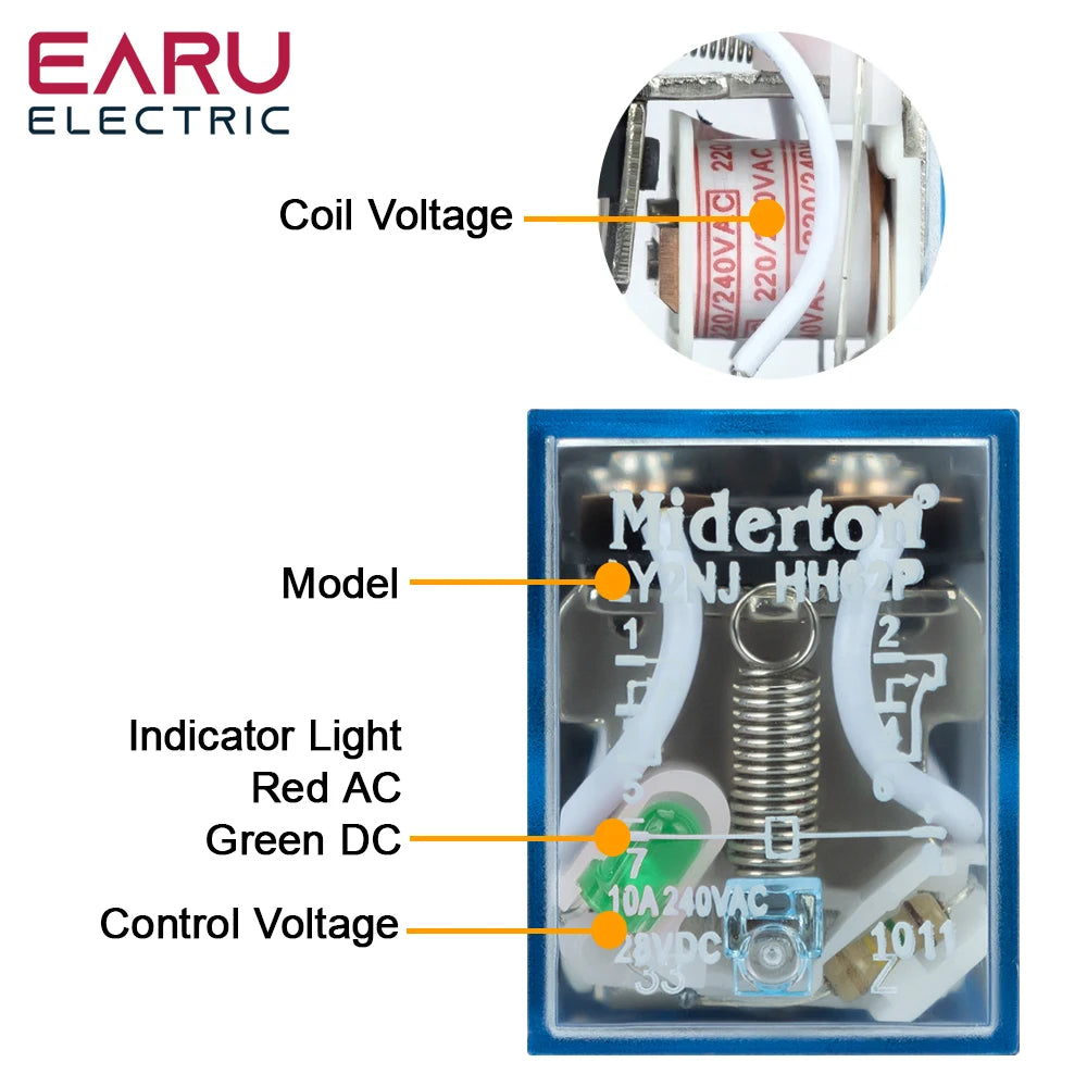 EARU 1Pcs LY2NJ HH62P Small Electromagnetic Relay 10A 8PIN Coil Power Relay DC12V DC24V AC110V AC220V With Socket Base DIN Rail