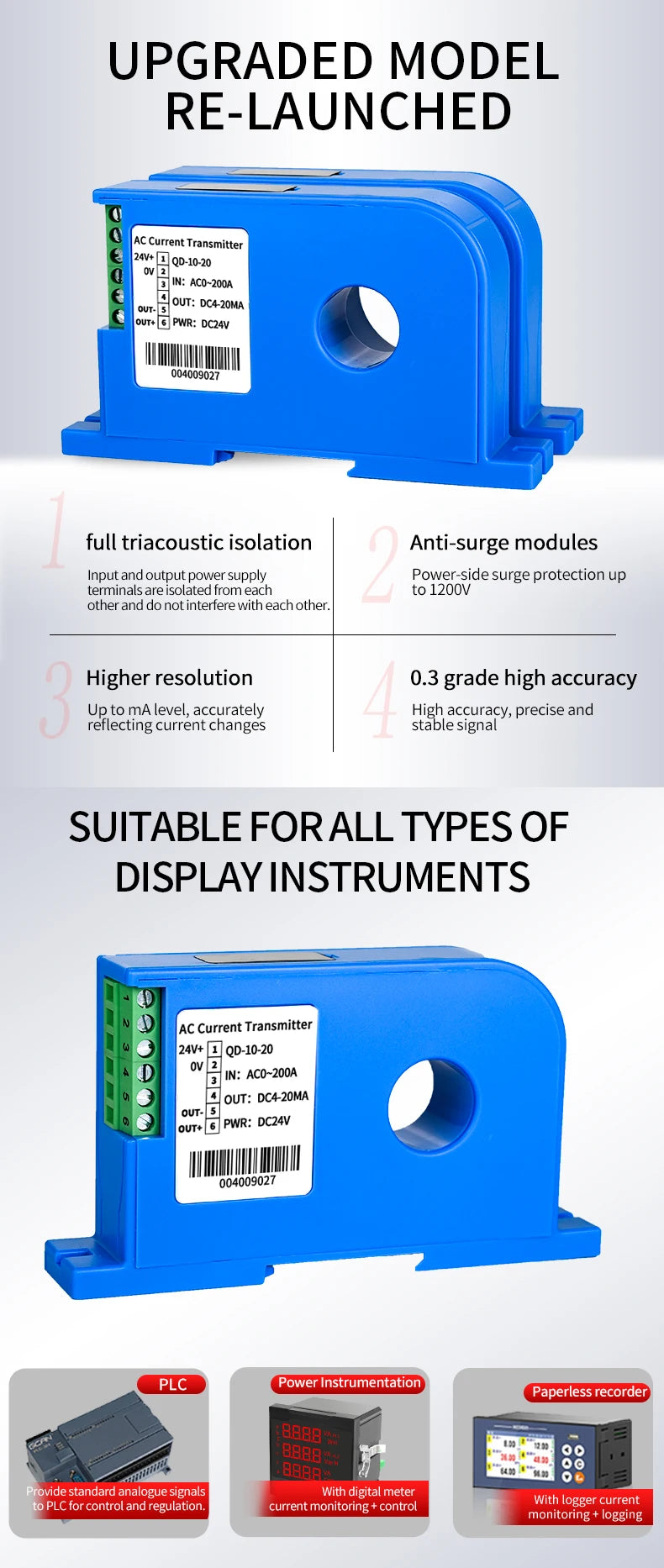 AC DC 0-600A Current Sensor 4-20mA 0-10V RS485 20mm Close Loop Current Transducer High Accuracy Hall Effect Current Transmitter