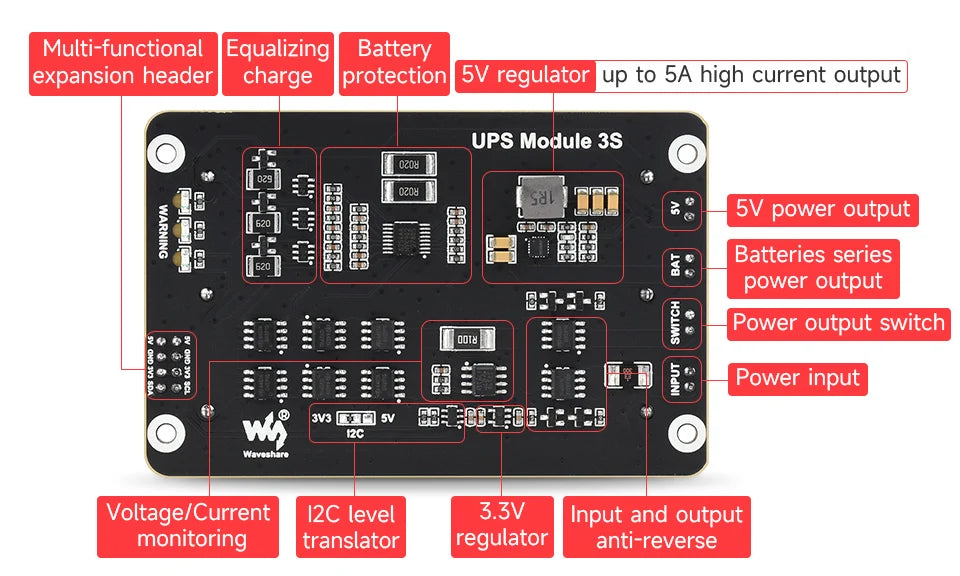 Raspberry Pi 5 UPS Power Supply Expansion Board Uninterruptible Power Supply Module UPS Module 3S Also For Pi4B