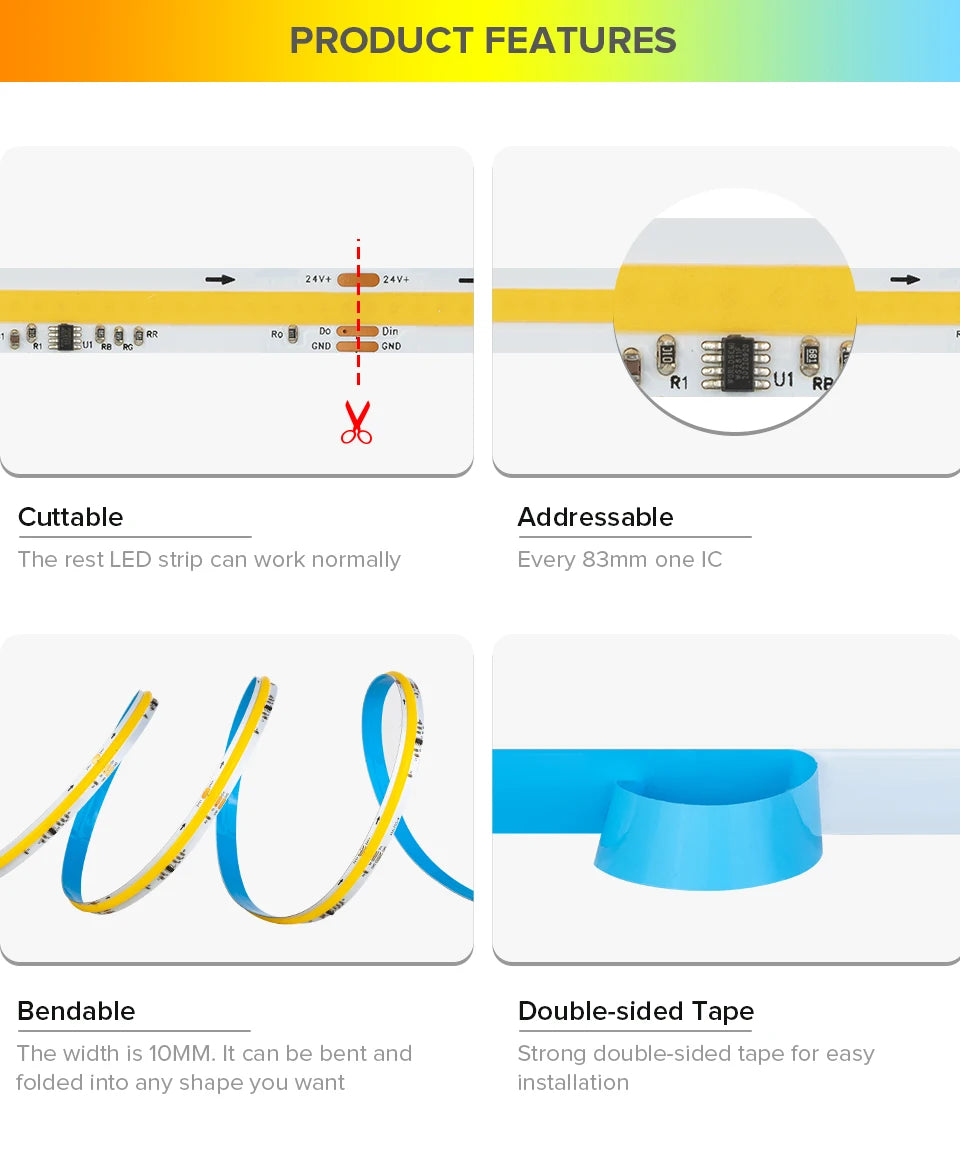 FCOB SPI DIM IC LED Light Strip Addressable 360LEDs 10mm 24V 60W High Density Flexible FOB COB Led Lights RA90 3000K 4000K 6000K