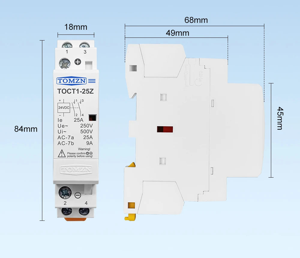 TOMZN TOCT1 2P 25A DC 12V 24V Coil 220V/230V 50/60Hz DIN Rail Household AC Modular Contactor 2NO or 1NO 1NC
