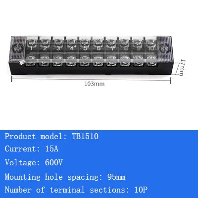 TB15A 25A 45A Copper Wiring Terminal Block 3/4/5/6/8/10/12 Position Electrical Connector Board Current Terminal Strip