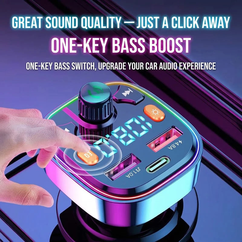 Wireless Car Bluetooth 5.0 FM Transmitter Radio Adapter RGB Light PD Fast Charger 3 Ports Hands-Free Call Bass Boost MP3