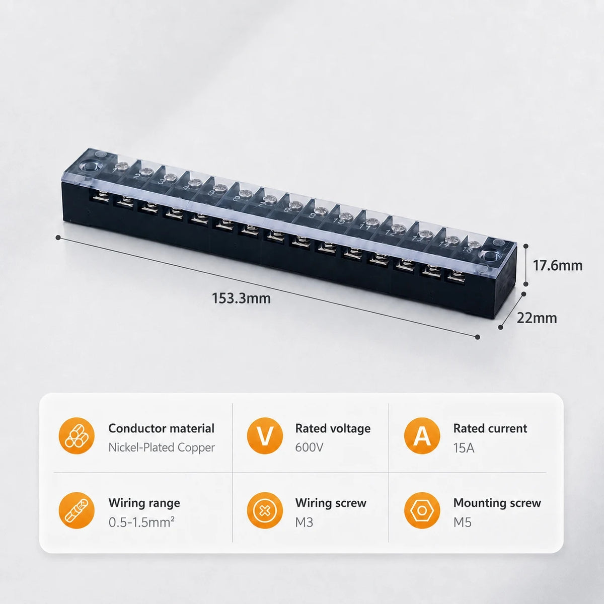 1/5/10PCS Copper Dual Row Barrier Screw Terminal Strip Block Electrical Cable Wire TB Connector with Cover 15A 600V Splice Ways