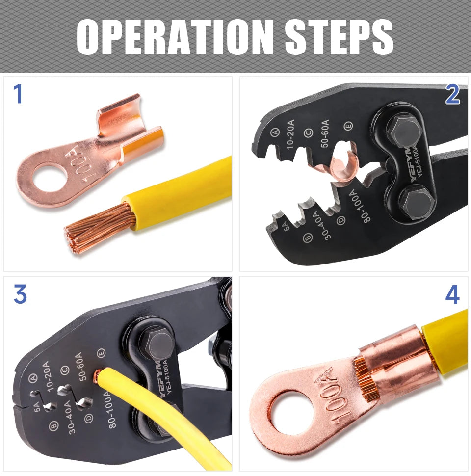 Heavy Duty Battery Lug Crimper YEJ-5100A for 5A-100A(AWG 13-3) OT Open Barrel Terminals, Automotive Wire Crimp Pliers