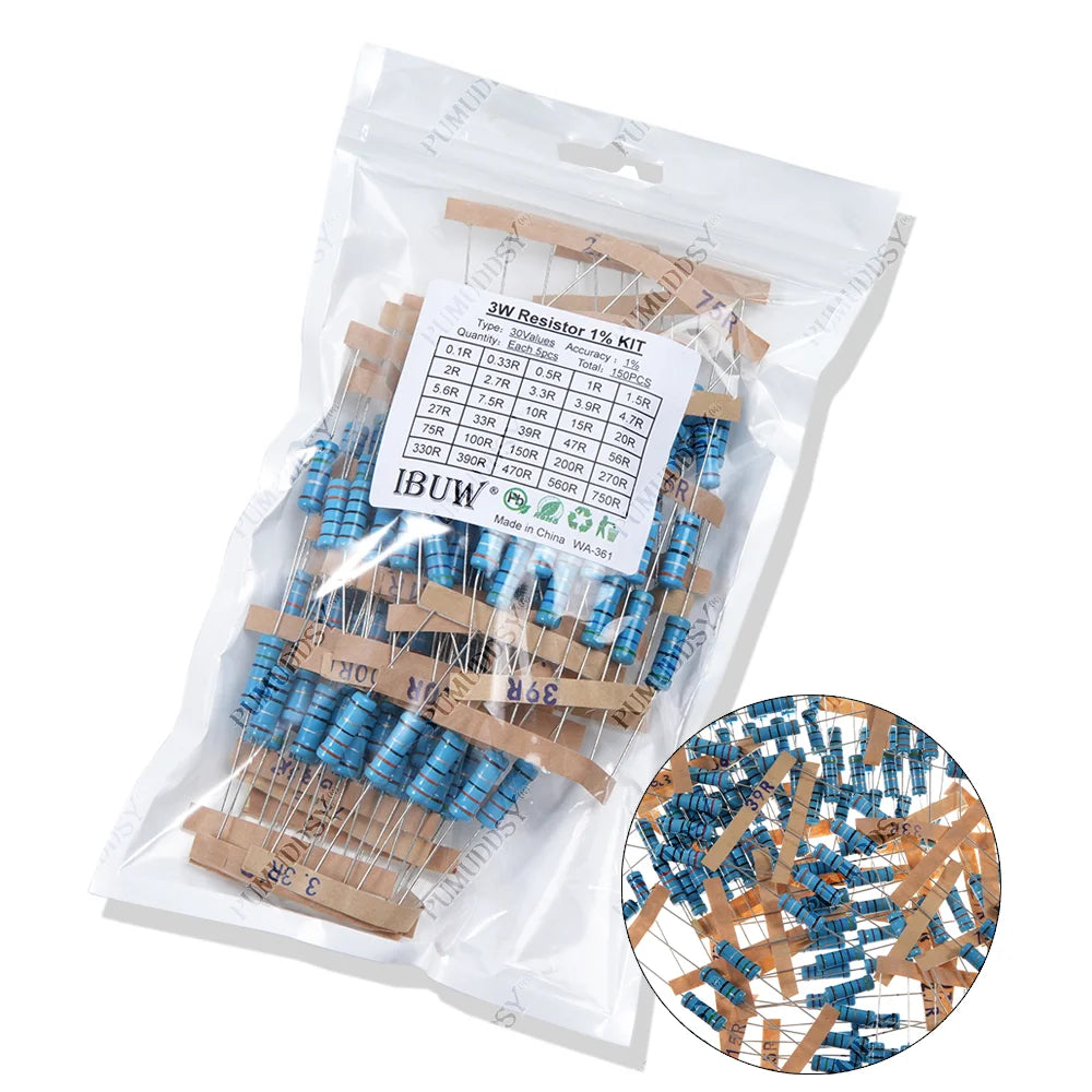 300PCS/Set 30 Kinds 1/4W 1/2W 1W 2W 3W Resistance 1% Metal Film Resistor Pack Assorted Kit 0.1R-750R 1K-820K Resistor 150PCS/Set